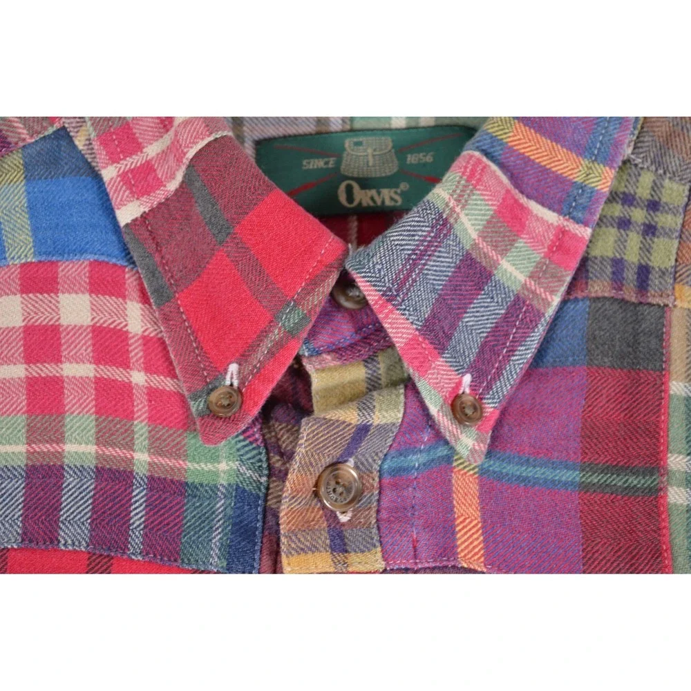 Orvis Patchwork Flannel Plaid Shirt Men's L Button Down 2000's - Picture 6 of 9